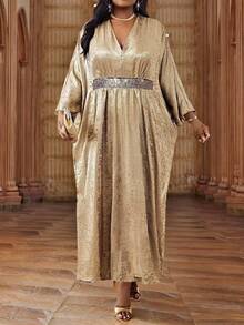 Fleurora 大码优雅派对亮片装饰蝙蝠袖连衣裙 - 金色 - 查看 4