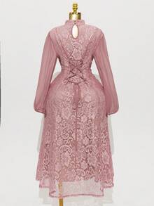 Modelyn Plus Size Pink Lace Patchwork Long Sleeve Dress