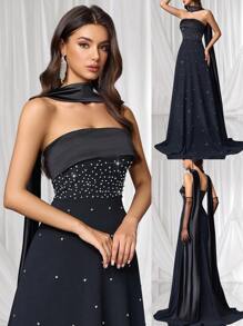 Coutiva 女式水钻装饰露肩正式晚礼服，束腰，优雅 - 黑色 - 查看 9