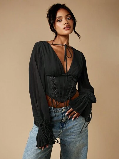 MISSGUIDED Blusa vintage ispirata in chiffon con maniche a palloncino, lacci e corpetto, stile vittoriano e steampunk, per autunno, moda contadina, da indossare a feste, eventi e serate