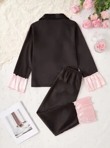 2pcs Elegant & Sweet Solid Color Girls' Long Sleeve Top And Pants Homewear Set Girls Pajama Set - Black - View 2
