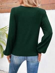 EMERY ROSE Women's Solid Color V-Neck Ribbed Lantern Sleeve Casual Loose T-Shirt, Autumn Fall Cloth For Women - Dark Green - View 2