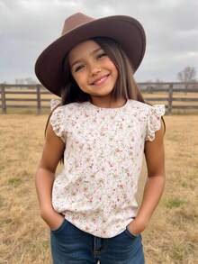 SHEIN Top de niñas floral de margarita ribete fruncido - Multicolor - Ver 2