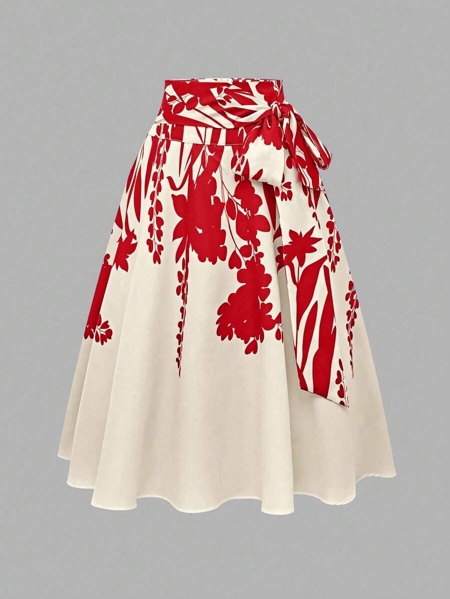EMERY ROSE Women Floral Print Tied Waist Casual Wrap Skirt, Suitable For Vacation - Red - View 1