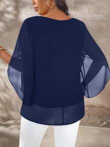 EMERY ROSE Plus Size Women's Plus Size Cap Sleeve Sheer Slim Fit Blouse - Navy Blue - View 2