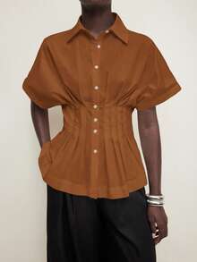 BizChic 女式棕色领腰橙色收腰前开肩袖衬衫上衣，基本款简约优雅商务休闲办公装，适合城市通勤、教师、婚礼嘉宾、音乐会 - 棕色 - 查看 4