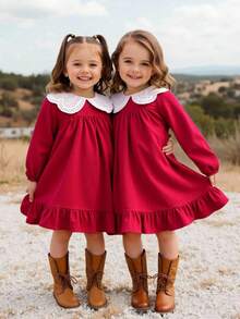 Emery Rose Kids Emery Rose Kids Young Girl Corduroy Patchwork Lace Peter Pan Collar Long Sleeve Dress, Long Sleeve Fitted Casual Cake A-Line Dress,Autumn Winter New Arrival,Young Girl , Daily Wear, School, Autumn & Winter,Pairing White Shirt,Back To School Season.College Style, For Christmas, Girls Winter Clothes,Christmas Clothes, Party Wear, Daily Wear School Daily, Birthday Clothes, Princess Clothes,Mom And Daughter & Sisters Matching,For Halloween.Red Dress. Fall