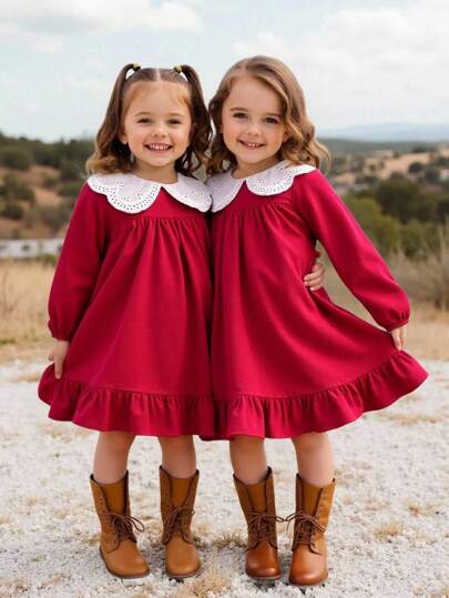 Emery Rose Kids Emery Rose Kids 年轻女孩灯芯绒拼布蕾丝彼得潘领长袖连衣裙，长袖修身休闲蛋糕 A 字连衣裙，秋冬新品，年轻女孩，日常穿着，学校，秋冬季，搭配白衬衫，返校季。学院风格，圣诞节，女孩冬装，圣诞服装，派对服装，日常穿着学校日常，生日服装，公主服装，妈妈和女儿和姐妹搭配，万圣节。红色连衣裙。