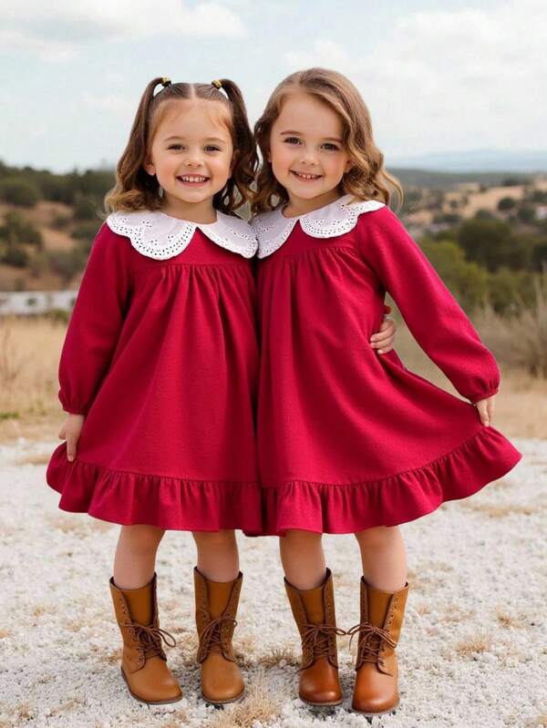 SHEIN Young Girl Corduroy Patchwork Lace Peter Pan Collar Long Sleeve Dress, Long Sleeve Fitted Casual Cake A-Line Dress,Autumn Winter New Arrival,Young Girl , Daily Wear, School, Autumn & Winter,Pairing White Shirt,Back To School Season.College Style, For Christmas, Girls Winter Clothes,Christmas Clothes, Party Wear, Daily Wear School Daily, Birthday Clothes, Princess Clothes,Mom And Daughter & Sisters Matching,For Halloween.Red Dress. Fall