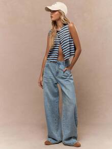 MISSGUIDED 纽扣前无袖针织短款背心休闲 Y2K 时尚复古街头风纽扣毛衣背心春夏秋季 - 淺藍色 - 查看 4