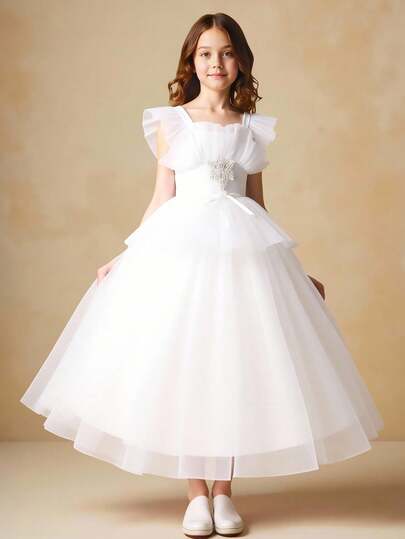 Glamorique Kids Tween Girls Sleeveless Tulle Bow Puffy Princess Maxi Dress, Suitable For Wedding, Birthday Party, Piano Recital, Back To School Formal Occasion White Dress For Teens Girls White Formal Dress White Confirmation Dress White Junior Bridesmaid Dress Teen White Dress