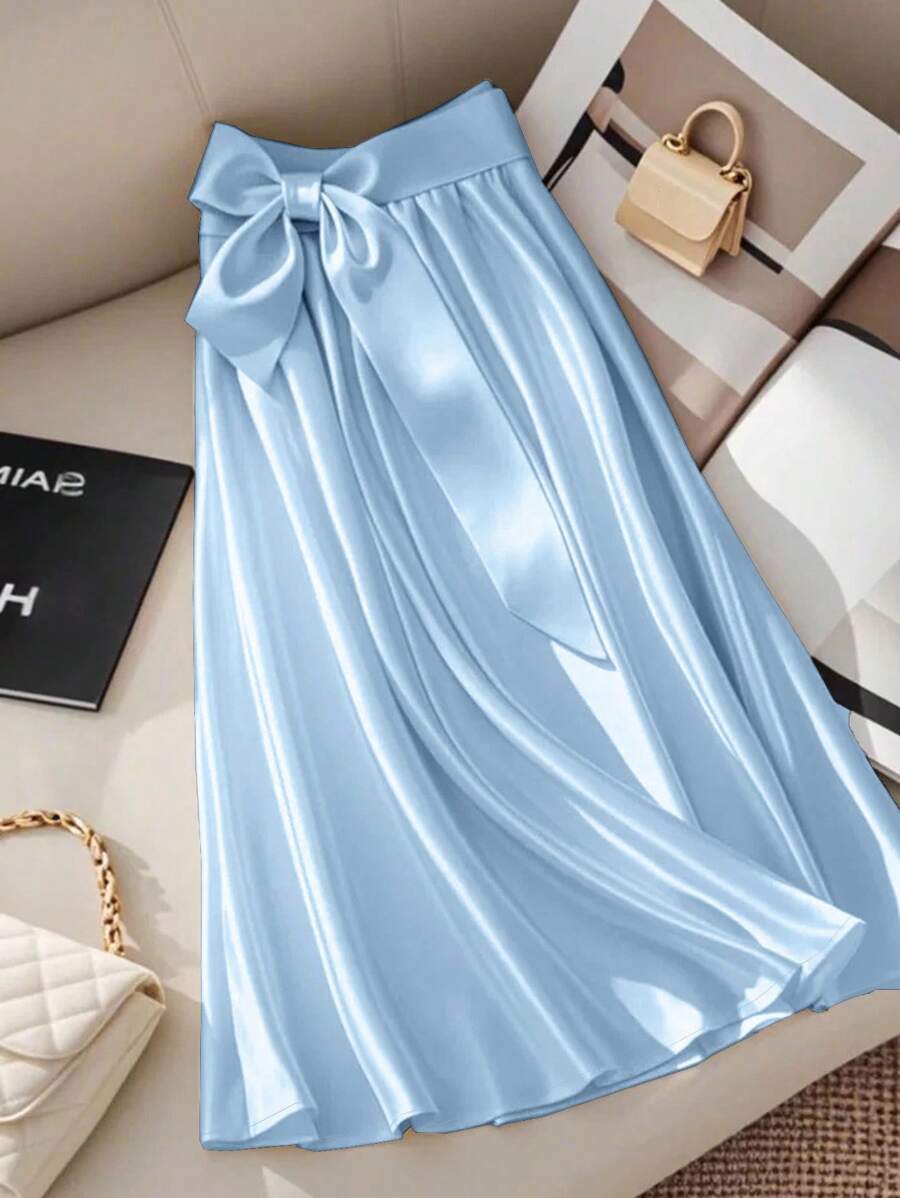 SHEIN Clasi 女士纯色腰部打结优雅 A 字裙 - 藍色 - 查看 1