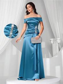 Coutiva Robe élégante et minimaliste avec épaules dénudées et froncée, nouvelle mode élégante pour femmes - Vert - Voir 8