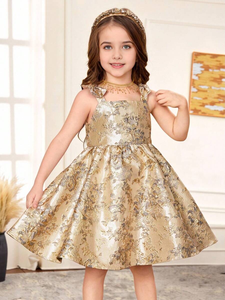 SHEIN 年轻女孩甜美可爱提花无袖公主裙 - 金色 - 查看 1