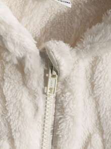 SHEIN 女童休闲时尚双面针织羊毛连帽夹克，3D 耳朵装饰，长袖拉链松紧腰中长款舒适外套 - 杏色 - 查看 6