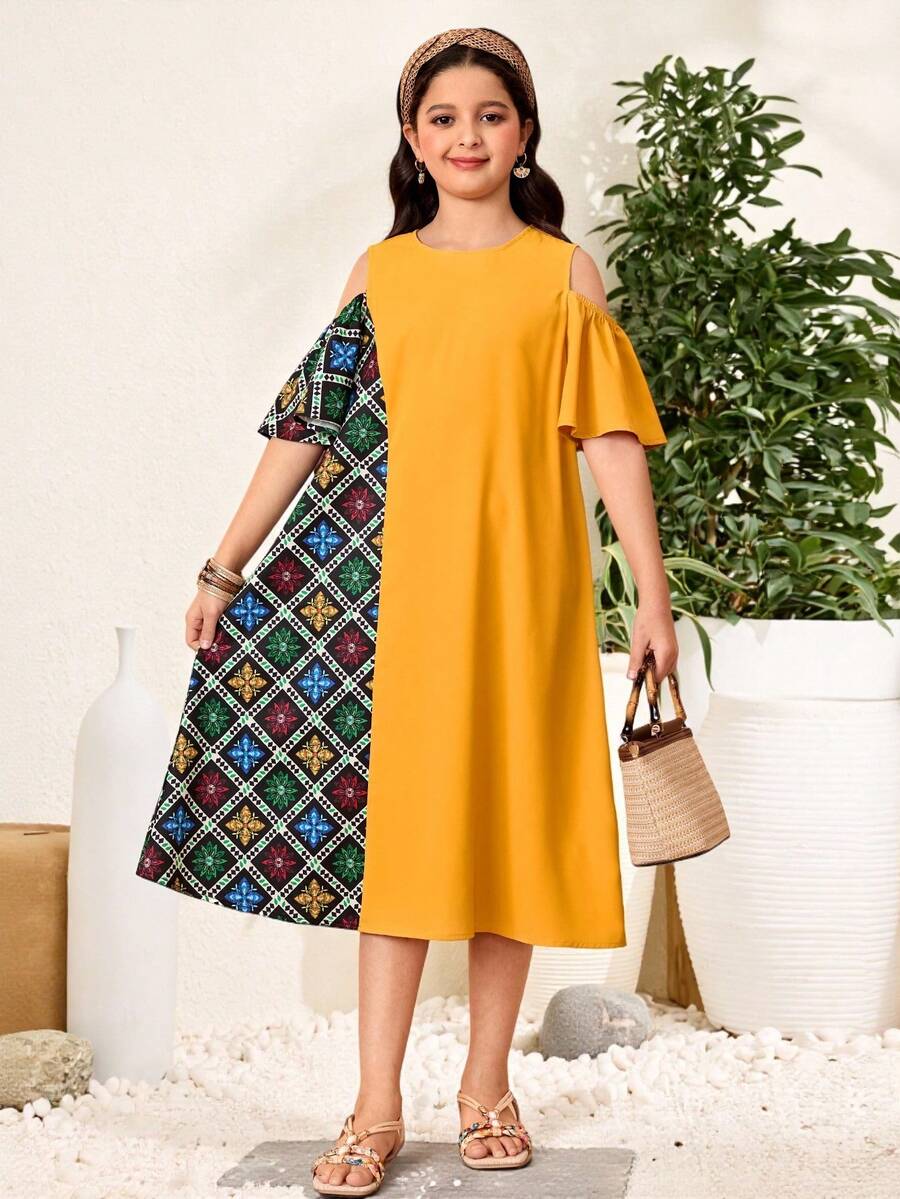 SHEIN Tween Girl Casual Resort Colorful Floral Patchwork Open Shoulder Short Sleeve Loose Maxi Woven Dress