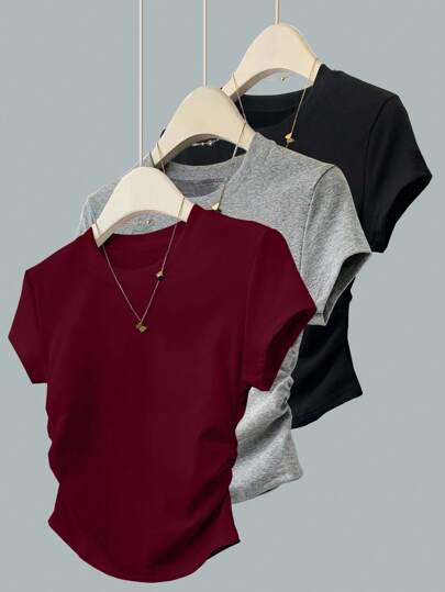 INAWLY Women's Slim Fit Minimalist Pleated Plus Size T-Shirt