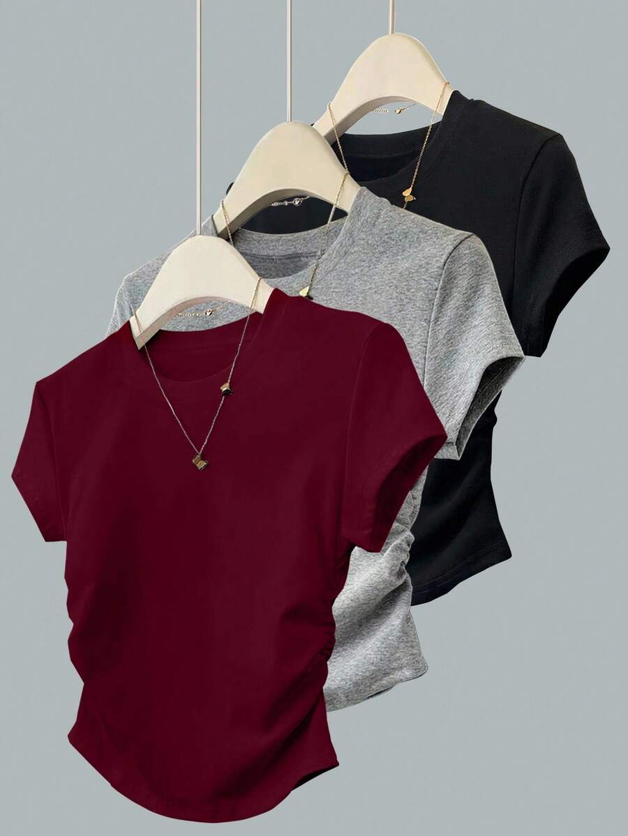 INAWLY Tricou minimalist plisat pentru femei, mărime mare, croială slim fit - Multicolor - Vizualizare 1