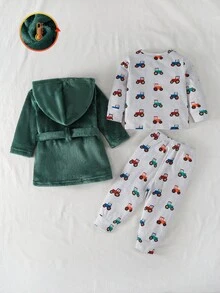Bộ 3 áo sơ mi dài tay cho bé trai, quần dài và áo khoác lông màu xanh lá cây, thêu họa tiết ô tô dễ thương - Nhiều màu - Xem 2