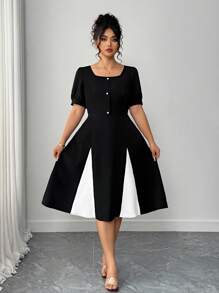 Elenzga Plus Size Color Block Round Neck Elegant Commuter Short Sleeve Dress, Summer - Black - View 7