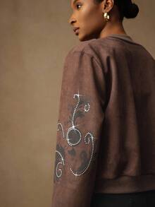Lyxana Suede Print Rhinestone Decor Baseball Collar Button Front Casual Jacket For Women Fall Winter Cloth For Women - Coffee Brown - View 3