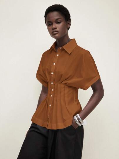 BizChic 女式棕色领腰橙色收腰前开肩袖衬衫上衣，基本款简约优雅商务休闲办公装，适合城市通勤、教师、婚礼嘉宾、音乐会