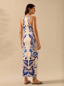 CAJUNI 女式波西米亚热带植物与鹦鹉蓝色印花无袖圆领修身连衣裙，休闲度假海滩夏季装 - 藍白色 - 查看 2