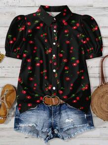 Mellowie 加大码梭织面料半袖衬衫，带有鲜艳的樱桃图案和领口，女士假日服装女士衬衫短袖可爱樱桃上衣樱桃衬衫女士樱桃印花衬衫女士夏季衬衫女士别致衬衫