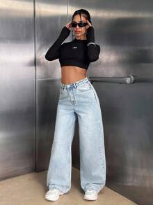 EURMUSE Jeans droits décontractés à taille basse et jambes larges avec effet délavé, bleu