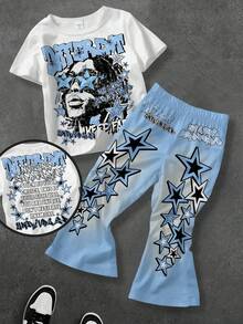 SHEIN 两件套男婴休闲时尚个性化头像及标语印花圆领T恤搭配星形印花喇叭裤，适合夏季和秋冬季穿着。 - 彩色 - 查看 1