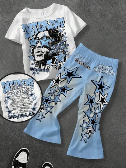 SHEIN Bolty Young Boys Casual Fashion Personalized Portrait And Slogan Print Crew Neck T-Shirt With Star Print Flared Pants 2 Pieces Set, Suitable For Summer, Suitable For Autumn And Winter, Boy's Suits, Children's Boys Clothing, Boy's Pants, Boy's T-Shirts, Graphic T-Shirts, Back To School, Y2K Clothing, Vintage Clothing, Streetwear