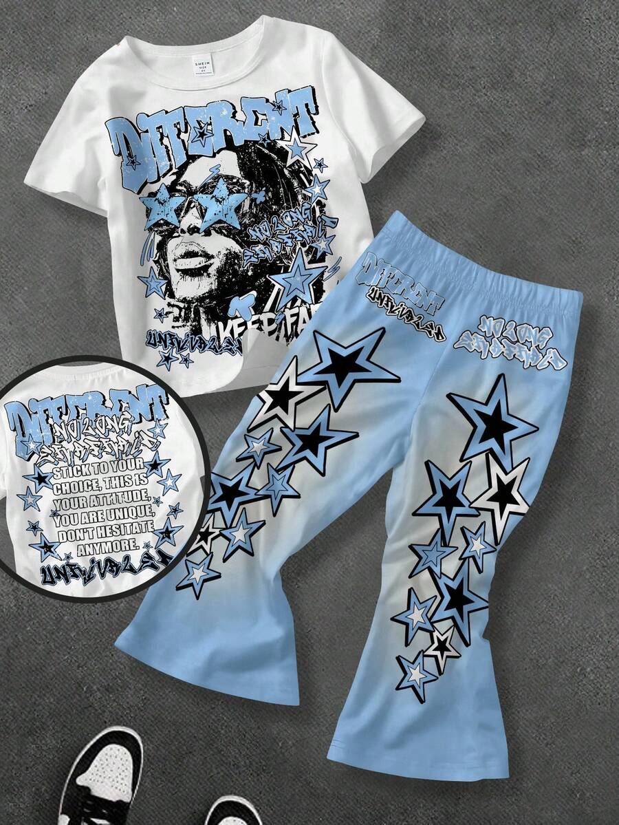 SHEIN 两件套男婴休闲时尚个性化头像及标语印花圆领T恤搭配星形印花喇叭裤，适合夏季和秋冬季穿着。 - 彩色 - 查看 1