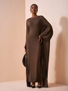 Zivah 2025 Autumn/Winter New Styles For Birthdays, Parties, Banquets, Dates, Back-To-School Season, Preppy Style, Student Wear, Everyday Outings, Basic Versatile, Casual, Cruise Travel, Influencer Style, Street Style, Elegant, Commuter, Business Casual, Parties, Banquets, One-Shoulder Long Sleeves, Batwing Sleeves, Cape Style, Waist Fit, Brown, Autumn/Winter Long Dresses, Women's Dresses - Brown - View 8