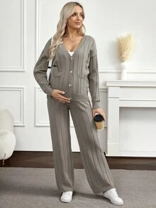 SHEIN Fashionable Solid Color Loose Knit Set, Maternity Sweater Set For Autumn/Winter - Grey - View 1