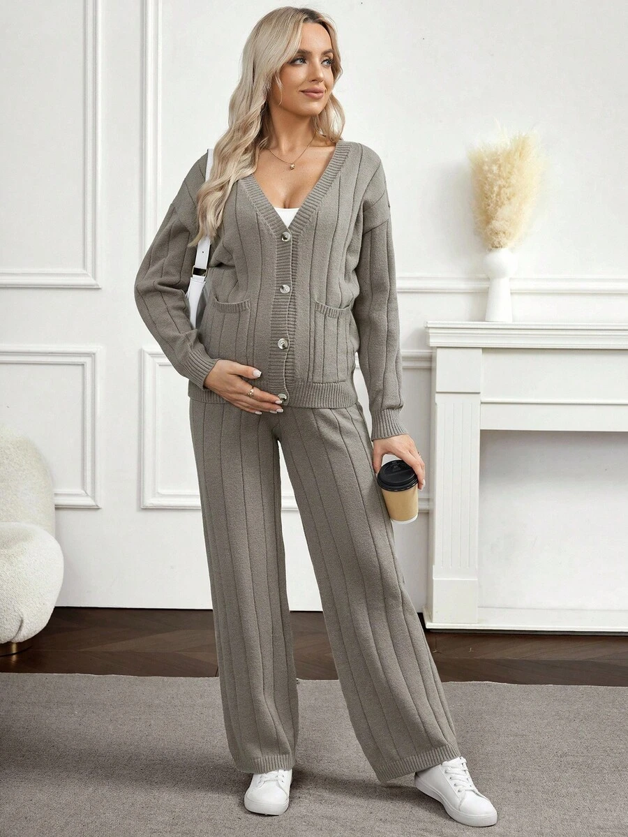 SHEIN Fashionable Solid Color Loose Knit Set, Maternity Sweater Set For Autumn/Winter - Grey - View 1