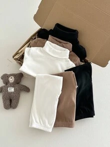LMoss Kids LMoss 6pcs Young Girl Solid Color Knit Stand Collar Casual T-Shirt&Pants Set, Family Matching, Versatile Winter Clothes For Young Girls, Sister And Me Leggings - Multicolor - View 4