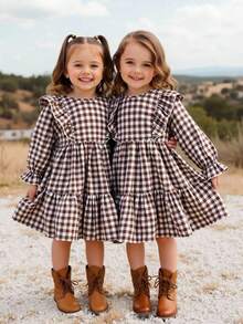 Emery Rose Kids Emery Rose Kids 年轻女孩年轻女孩双胞胎女孩格子宽松可爱休闲格子图案荷叶边饰荷叶边袖灯芯绒法式连衣裙，长袖连衣裙，秋冬格子连衣裙，夏季/秋季，非常适合休闲和日常穿着和上学日常，妈妈和女儿和姐妹搭配。 - 咖啡棕 - 查看 2
