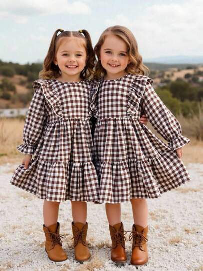 Emery Rose Kids Emery Rose Kids 年轻女孩年轻女孩双胞胎女孩格子宽松可爱休闲格子图案荷叶边饰荷叶边袖灯芯绒法式连衣裙，长袖连衣裙，秋冬格子连衣裙，夏季/秋季，非常适合休闲和日常穿着和上学日常，妈妈和女儿和姐妹搭配。