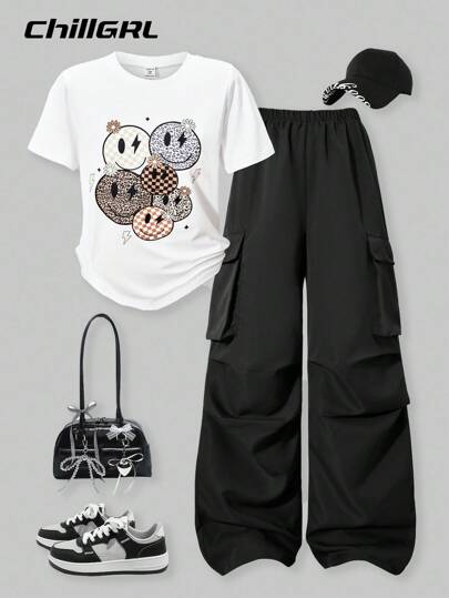 SHEIN HYPEME Kids 2pcs/Set Teen Girls Letter Print Crew Neck T-Shirt + Cargo Pants, Casual Street Style Tween Outfit Sets Y2k Tween Outfit