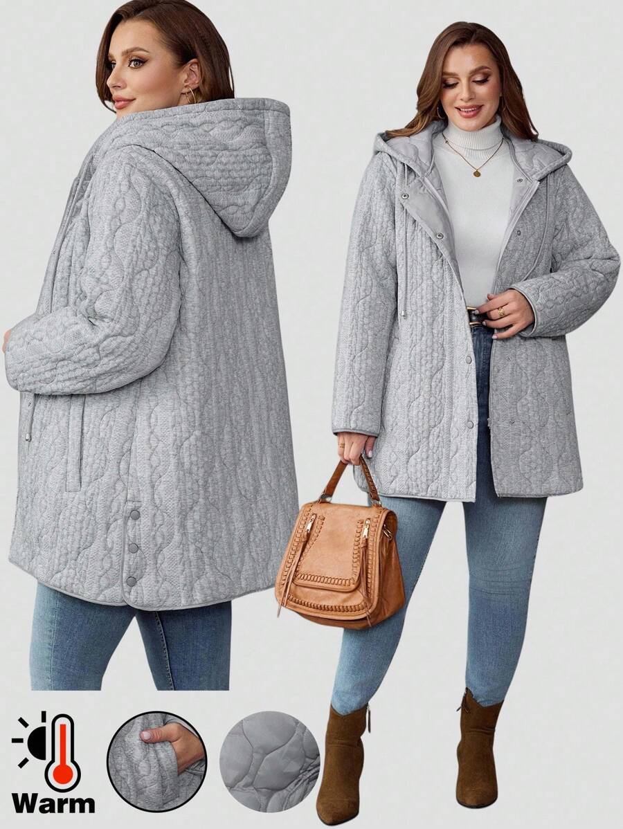 EMERY ROSE Plus Size Solid Color Minimalist Hooded Long Sleeve Sweatshirt, Casual Everyday Wear,Winter Clothes,Chic Autumn&Winter Fall - Grey - View 1