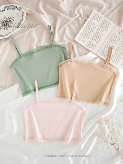 3-Pack Girls' Minimalist Fashion Green, Light Pink, And Beige Camisole Undershirts,Lace Tube Top