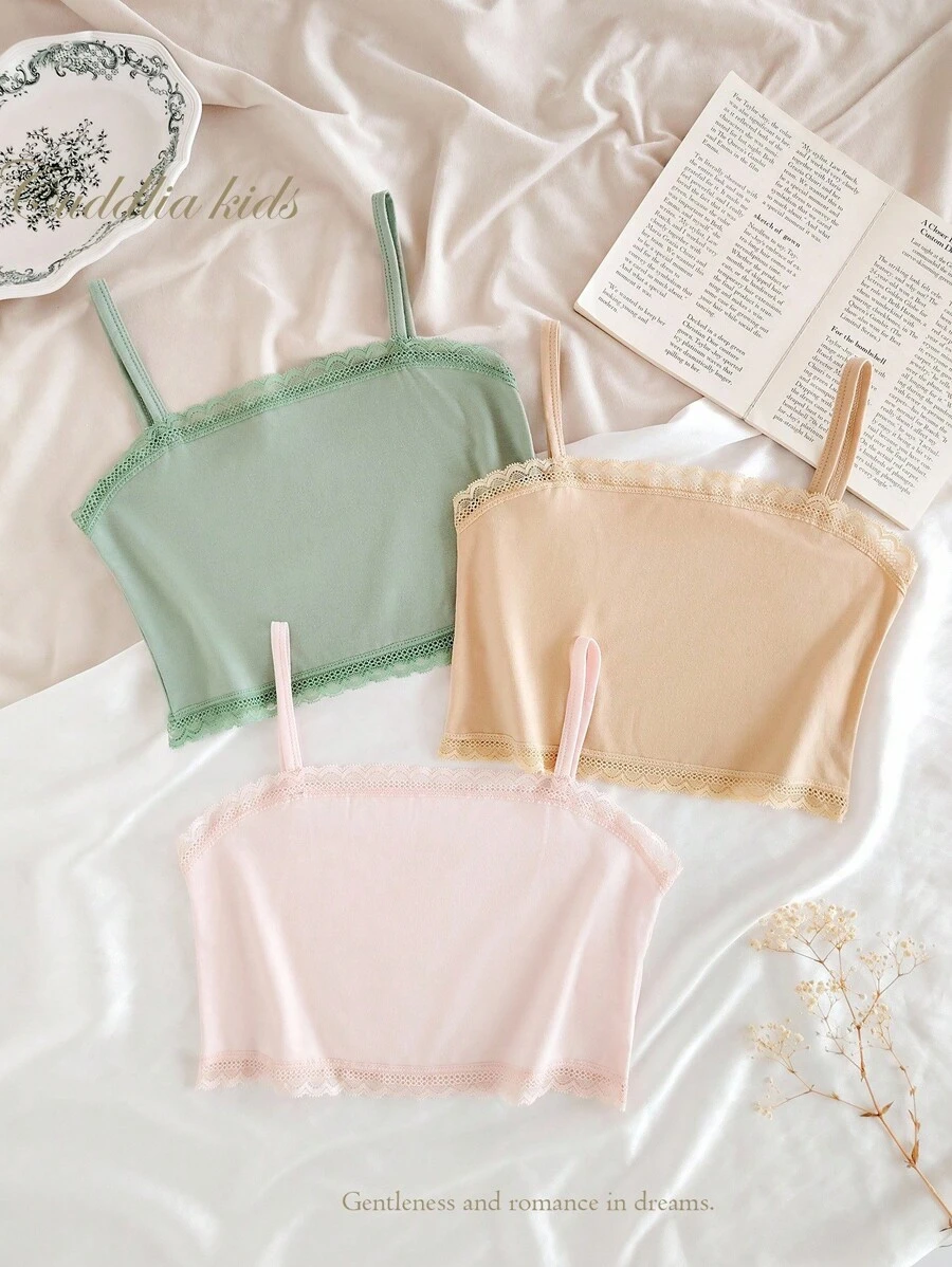 3-Pack Girls' Minimalist Fashion Green, Light Pink, And Beige Camisole Undershirts,Lace Tube Top - Multicolor - View 1