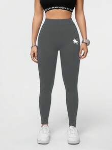 SHEIN Essnce 马术运动图案高腰紧身女式长款紧身裤，适合春夏季