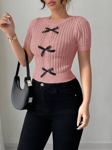 Elenzga Women's Hollow Out Soft Rope Knit Bow Decor Pullover Top, Suitable For Beach - Pink - View 6
