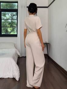 SHEIN Lullawish Women Casual Striped Vacation Style Lapel Short Sleeve Jumpsuit Pajamas Women Pajama Dress Summer Loungewear Women Lounge Wear Sets Summer Button Up Pajamas Women Sleep Wear Women Summer - Multicolor - View 3