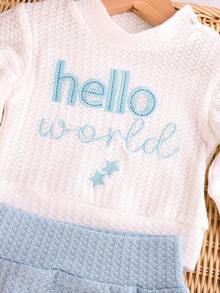 SHEIN Newborn Photography Outfit - Baby Boys/Girls 1-3 Months "HELLO" Embroidered Top, Pant & Hat 3-Piece Set, Infant Studio Prop Clothes Baby Boy Knitted Set Fall Winter