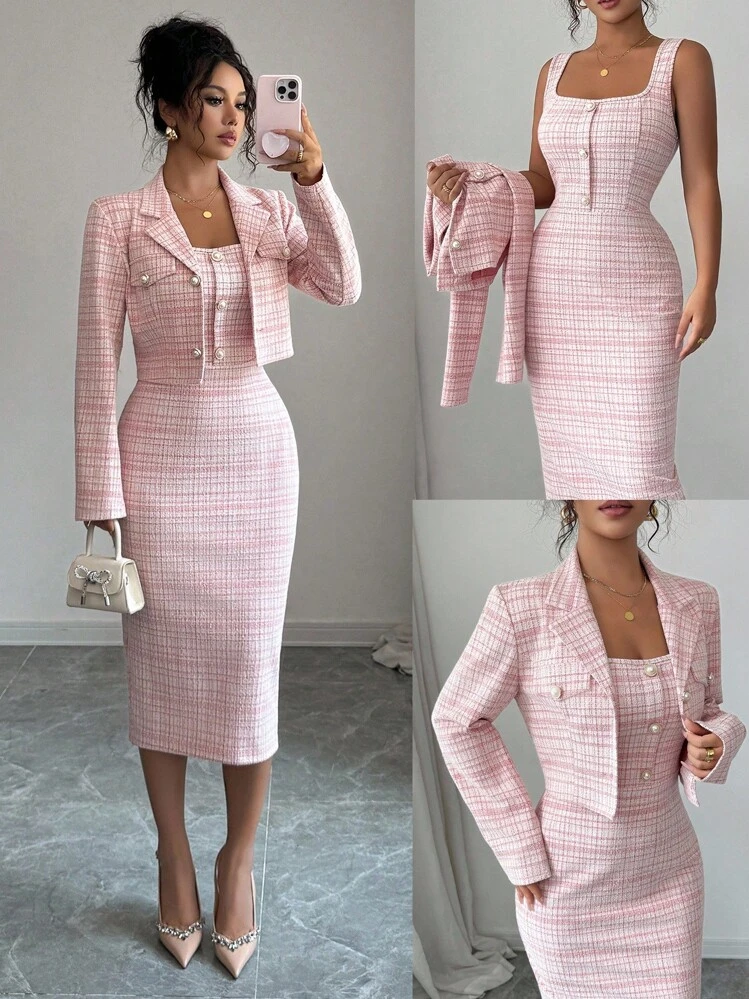 Elenzga 2 pièces : Blazer court élégant en tweed + Robe fourreau ajustée sans manches, Ensemble tailleur chic, Printemps/Automne