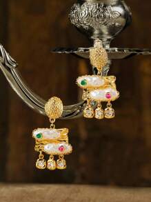 Glisma 18K Gold-Plated Vintage Asymmetrical Pearl/Shell Earrings, Suitable For Holiday, Wedding, Honeymoon, Concert/Festival, Party - For Women/Girls, Autumn/Winter, Festival, Holiday, Vacation - Gold - View 2
