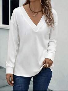 SHEIN LUNE Damen einfarbiges, simples V-Ausschnitt Langarm T-Shirt