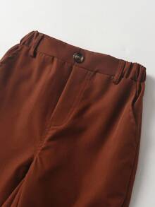 SHEIN 小男孩休闲纯色长裤，单纽扣装饰，斜插口袋，松紧腰设计，适合日常穿着、旅行、派对、度假，百搭时尚 - 鏽棕色 - 查看 4